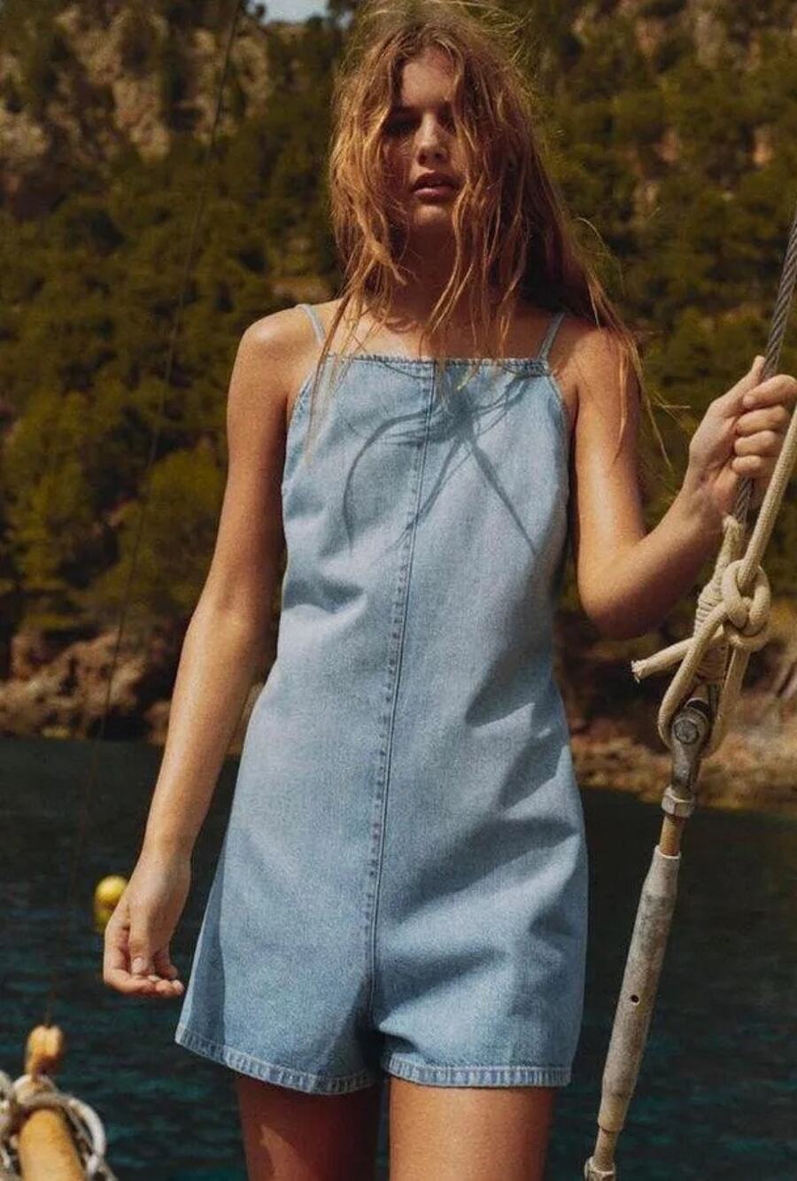 Zara Blue Denim Open Back Romper Short Jumpsuit Size Large